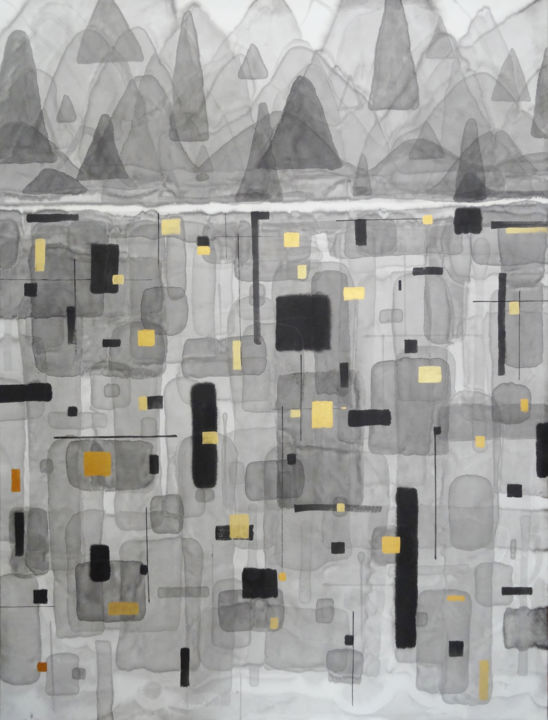 Картина под названием "Urbanisation 3°" - Biru Zhao, Подлинное произведение искусства, Чернила Установлен на Деревянная рама…