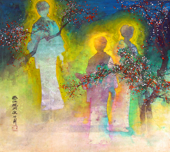 Pittura intitolato "春江花月夜" da Zhe Gang Gu, Opera d'arte originale, pigmenti