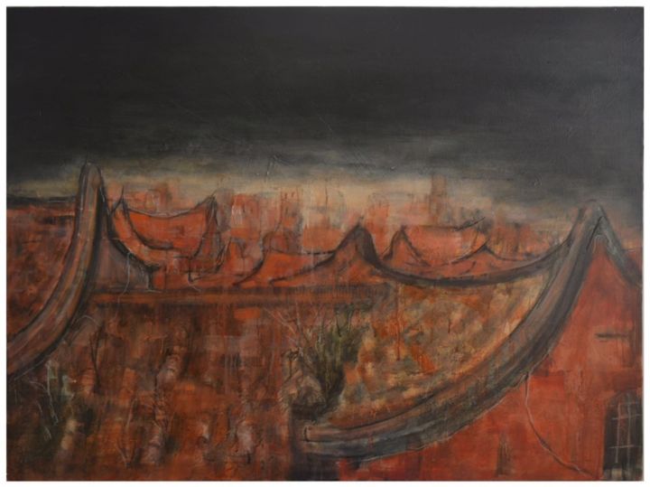 Malerei mit dem Titel "Red Wall" von Zhixun Lin, Original-Kunstwerk, Öl