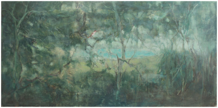 Malerei mit dem Titel "Green Lake" von Zhixun Lin, Original-Kunstwerk, Öl