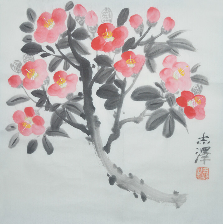 Malerei mit dem Titel "Camellia 3" von Zhize Lv, Original-Kunstwerk, Tinte