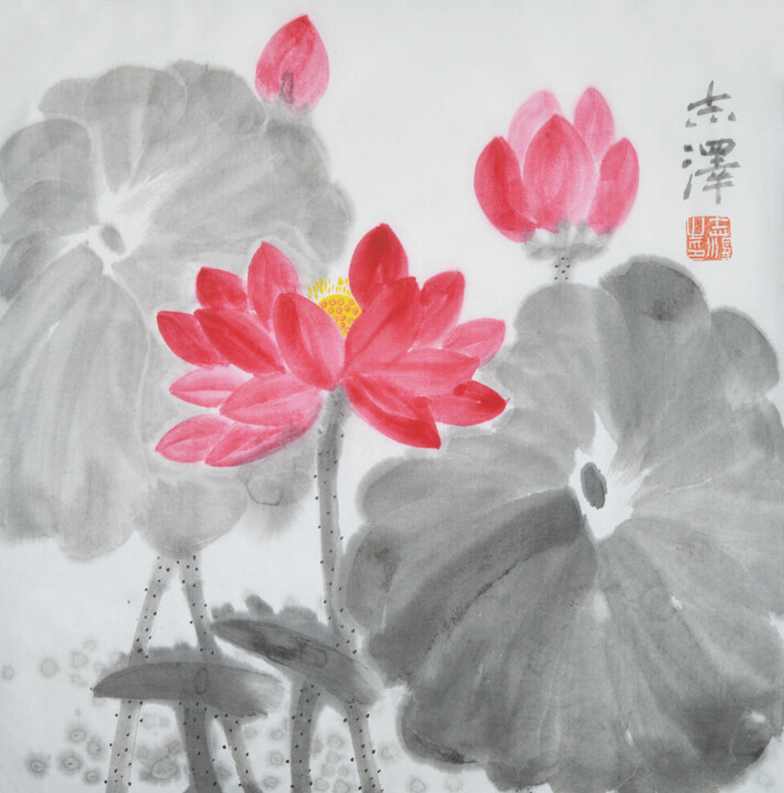 Pintura titulada "Ink Lotus 3" por Zhize Lv, Obra de arte original, Tinta