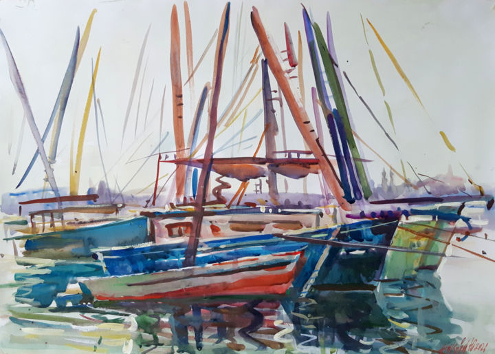 Painting titled "Boats on the Nile r…" by Juliya Zhukova, Original Artwork, Watercolor