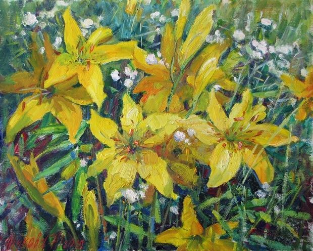 Painting titled "Solar lilies" by Juliya Zhukova, Original Artwork, Oil