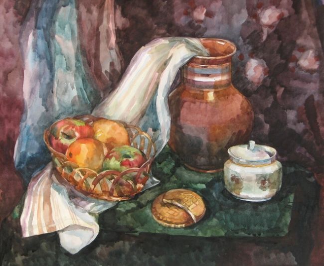 Painting titled "Still-life with a c…" by Juliya Zhukova, Original Artwork, Oil