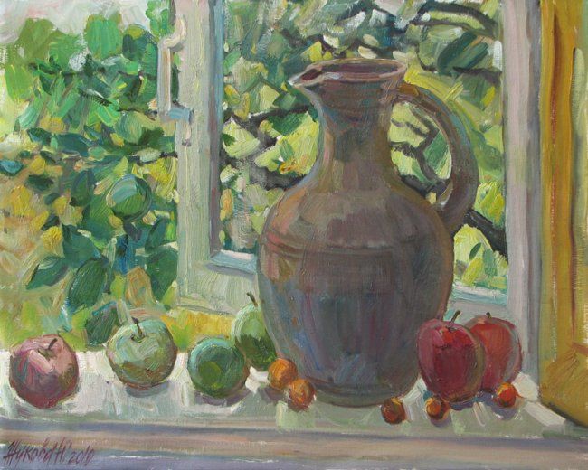 Картина под названием "Jug and apples" - Juliya Zhukova, Подлинное произведение искусства, Масло