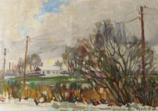 Painting titled "Road to the house" by Juliya Zhukova, Original Artwork, Oil
