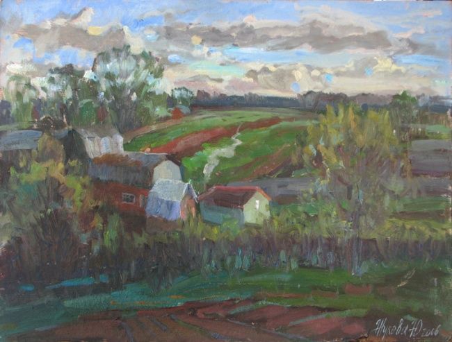 Painting titled "Rural season" by Juliya Zhukova, Original Artwork, Oil