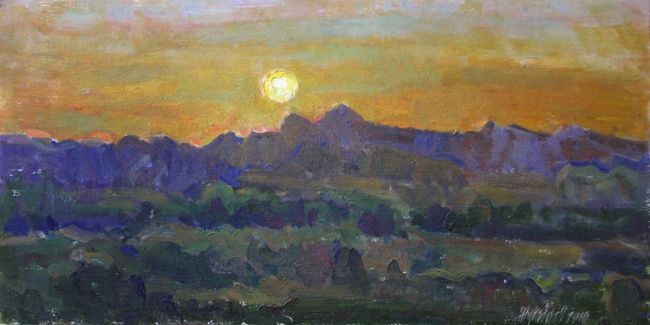 Painting titled "Decline in mountains" by Juliya Zhukova, Original Artwork, Oil
