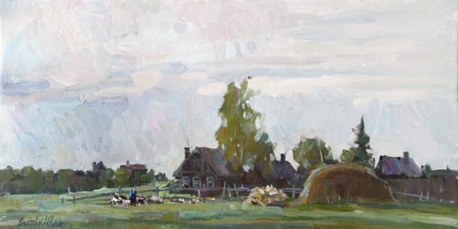 Malerei mit dem Titel "Evening in the Vill…" von Juliya Zhukova, Original-Kunstwerk, Öl