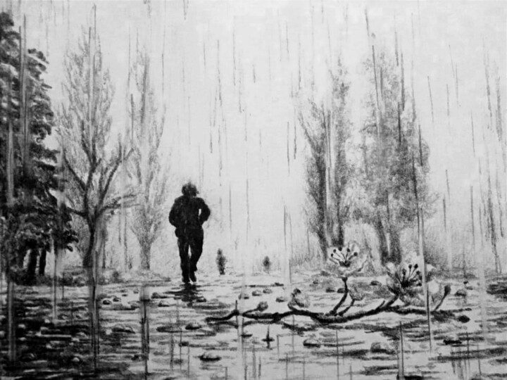 Рисунок под названием "И лишь ветка сакуры…" - Евгений Зиберт, Подлинное произведение искусства, Карандаш Установлен на карт…