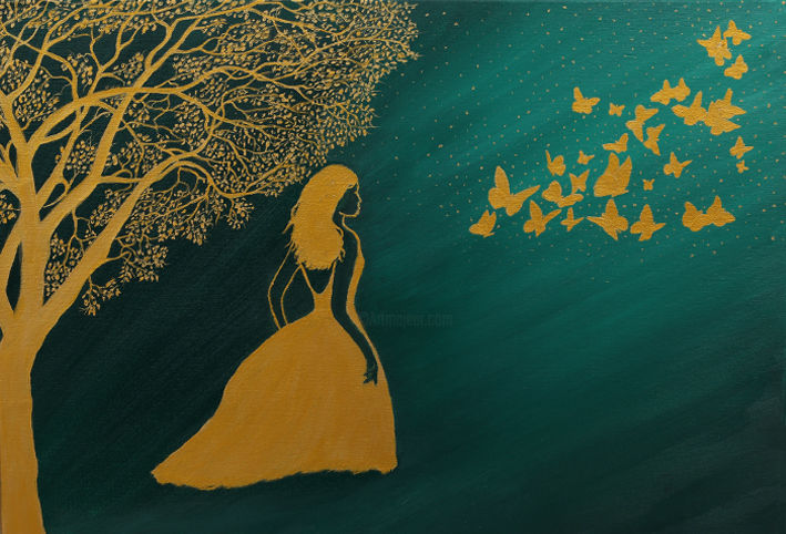 Dibujo titulada "Goldener Schmetterl…" por Mara Cikulin, Obra de arte original, Oleo