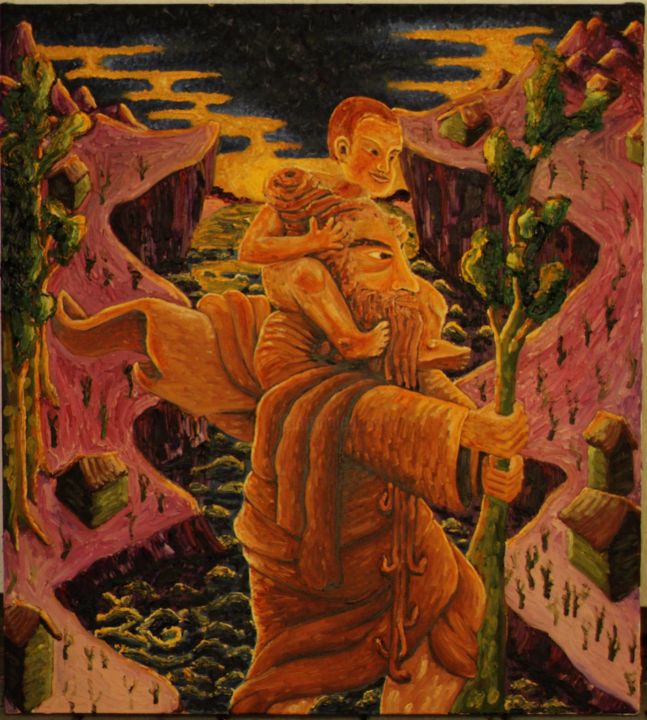 Painting titled "Saint Christopher" by Žilvinas Gaižauskas, Original Artwork, Oil