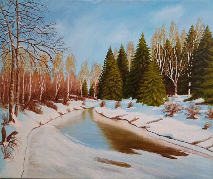 Картина под названием "Зимний пейзаж" - Зинаида Андрюшина, Подлинное произведение искусства, Масло
