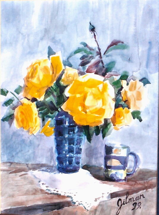 Картина под названием "The smell of roses" - Zinaida Gilman, Подлинное произведение искусства, Акварель