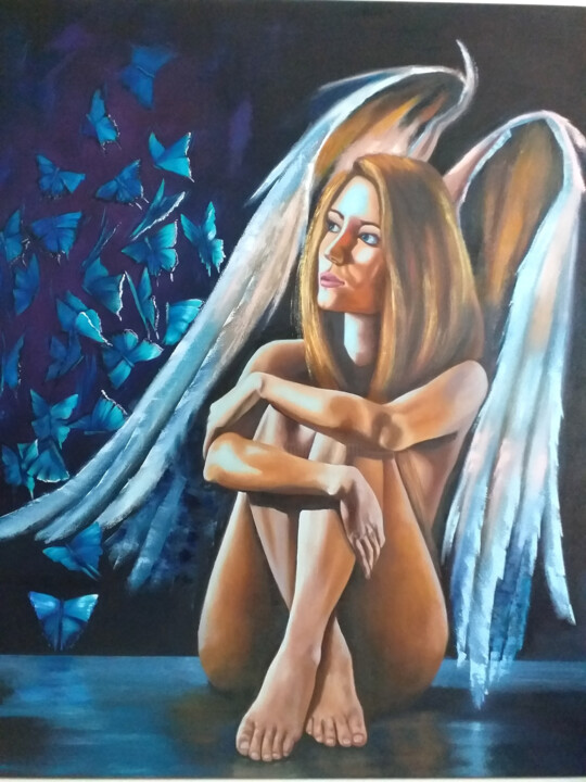 Painting titled "Under my wing." by Zinaida Vysota, Original Artwork, Oil