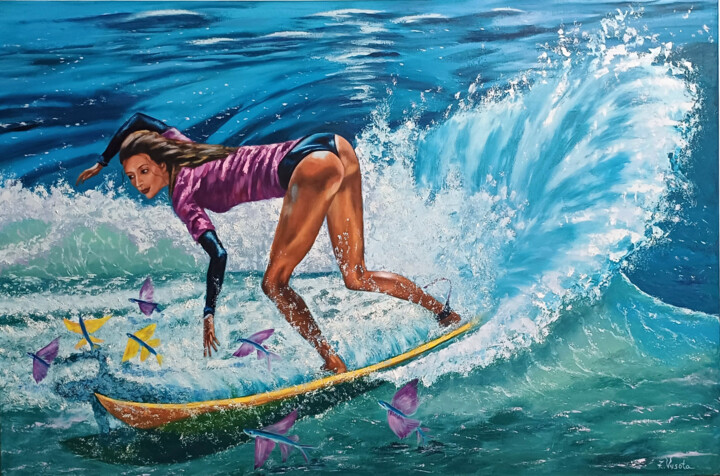 "Surfer-Woman and Se…" başlıklı Tablo Zinaida Vysota tarafından, Orijinal sanat, Petrol Ahşap Sedye çerçevesi üzerine monte…