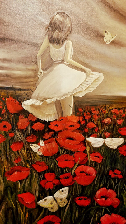 Painting titled "Poppy Field" by Zita Barbara Sanders, Original Artwork, Oil