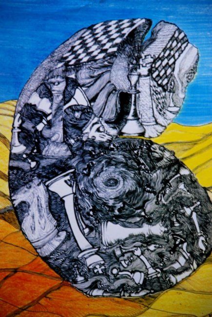 Drawing titled "The Ancient Game of…" by Zita Barbara Sanders, Original Art,