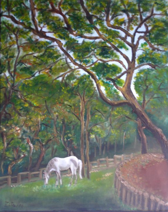 Pintura intitulada "Cavalos no Bosque" por Zita Dantas, Obras de arte originais