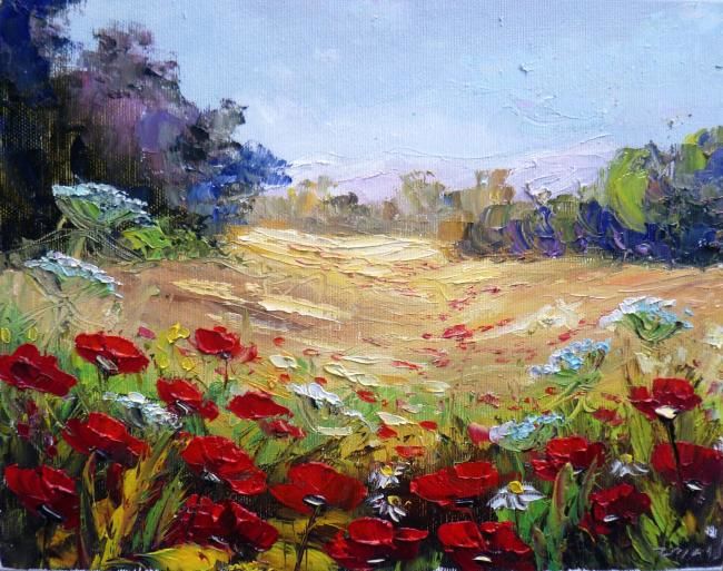 Painting titled "FIELD OF POPPIES 4" by Zoja, Original Artwork, Oil