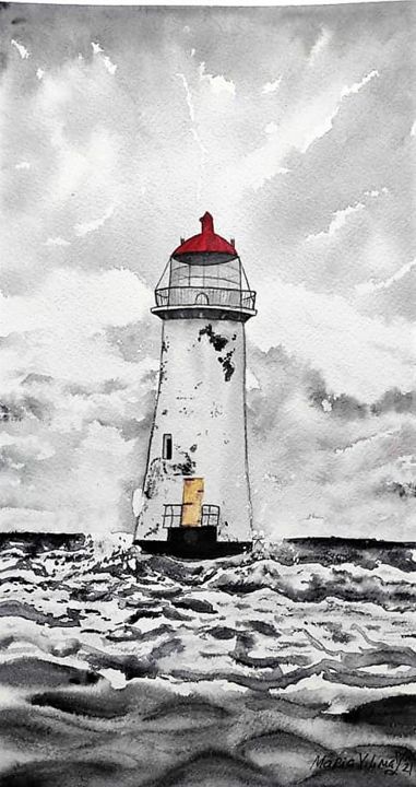 Картина под названием "Lighthouse 1" - Maria Yılmaz, Подлинное произведение искусства, Акварель