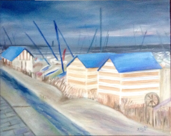 Painting titled "Cabines de plage" by Zoé Valy, Original Artwork, Oil Mounted on Wood Stretcher frame