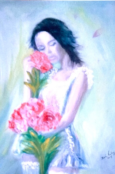 Painting titled "La Femme Romantique" by Zoé Valy, Original Artwork, Oil Mounted on Wood Stretcher frame