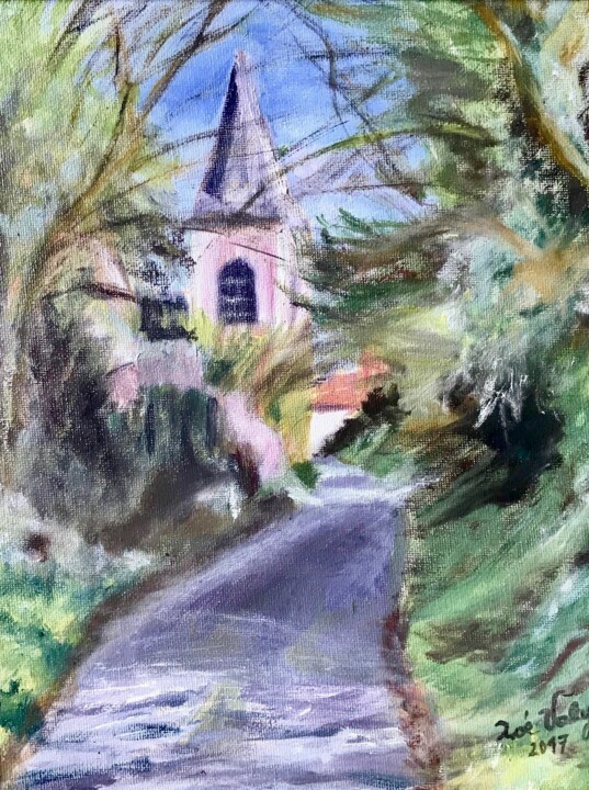 Painting titled "Église de Cambron S…" by Zoé Valy, Original Artwork, Oil Mounted on Wood Stretcher frame