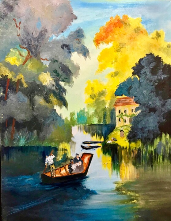 Painting titled "La Barque" by Zoé Valy, Original Artwork, Oil Mounted on Wood Stretcher frame