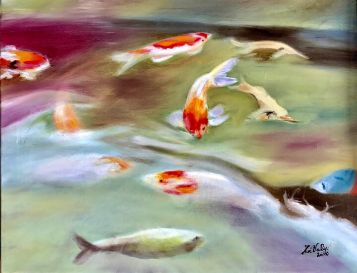Painting titled "Aquarium de Pairi D…" by Zoé Valy, Original Artwork, Oil Mounted on Wood Stretcher frame