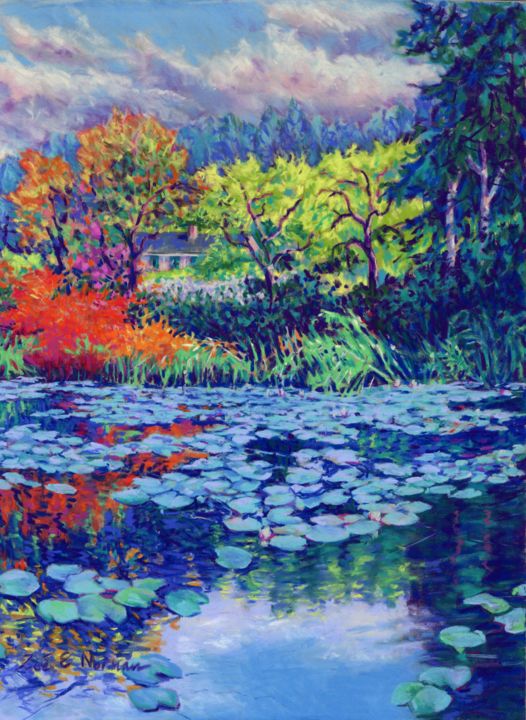 Pittura intitolato "monets-water-garden…" da Zoe Norman, Opera d'arte originale, Pastello