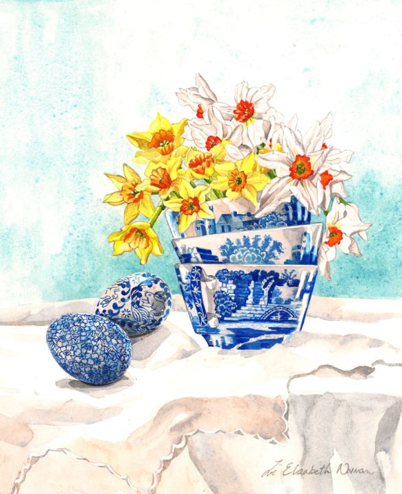 Malerei mit dem Titel "Spode Tea Cups" von Zoe Norman, Original-Kunstwerk, Aquarell