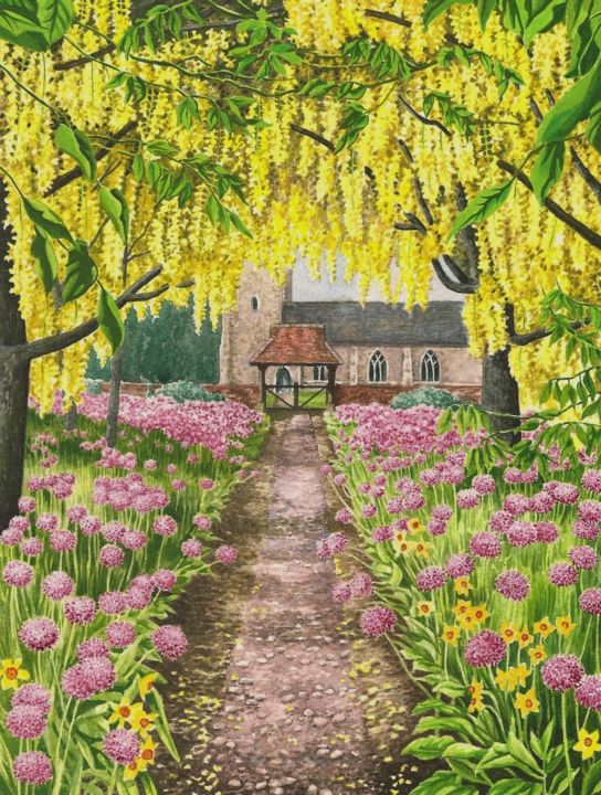 Painting titled "Church and Laburnum" by Zoe Norman, Original Artwork, Watercolor