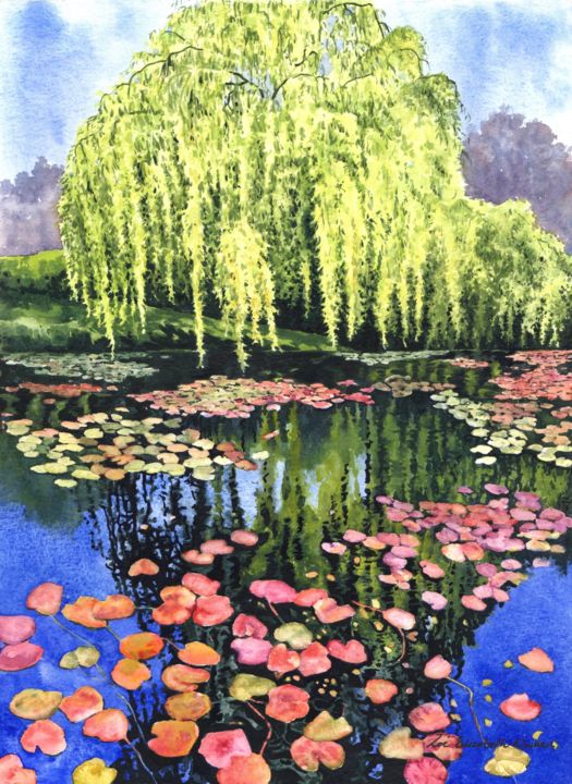 Painting titled "water lily pond" by Zoe Norman, Original Artwork, Watercolor