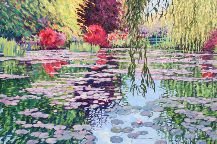 Painting titled "Monet's Garden" by Zoe Norman, Original Artwork, Oil Mounted on Wood Stretcher frame