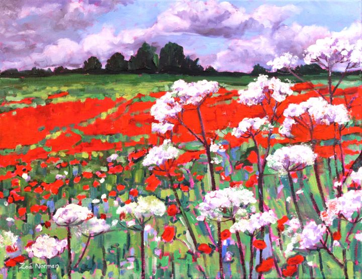Painting titled "Poppy Field" by Zoe Norman, Original Artwork, Oil Mounted on Wood Stretcher frame