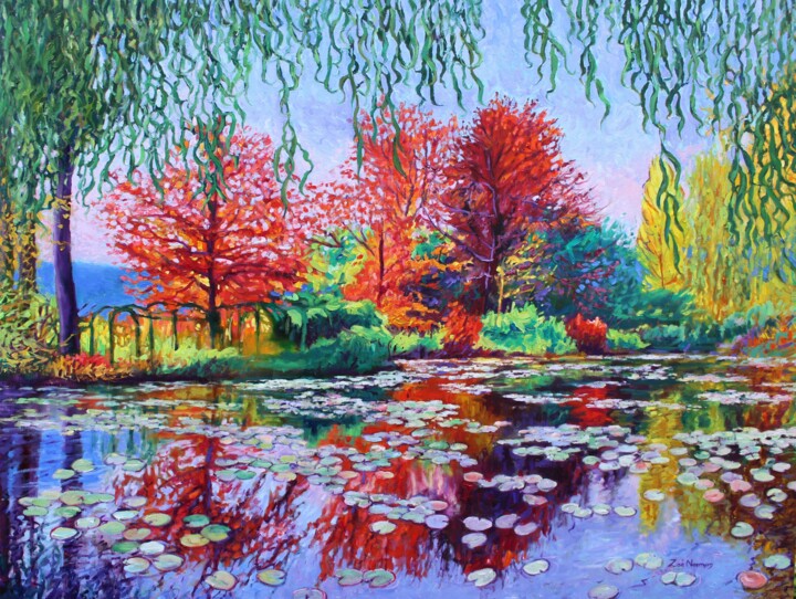 Painting titled "Willow Tree Reflect…" by Zoe Norman, Original Artwork, Oil Mounted on Wood Stretcher frame