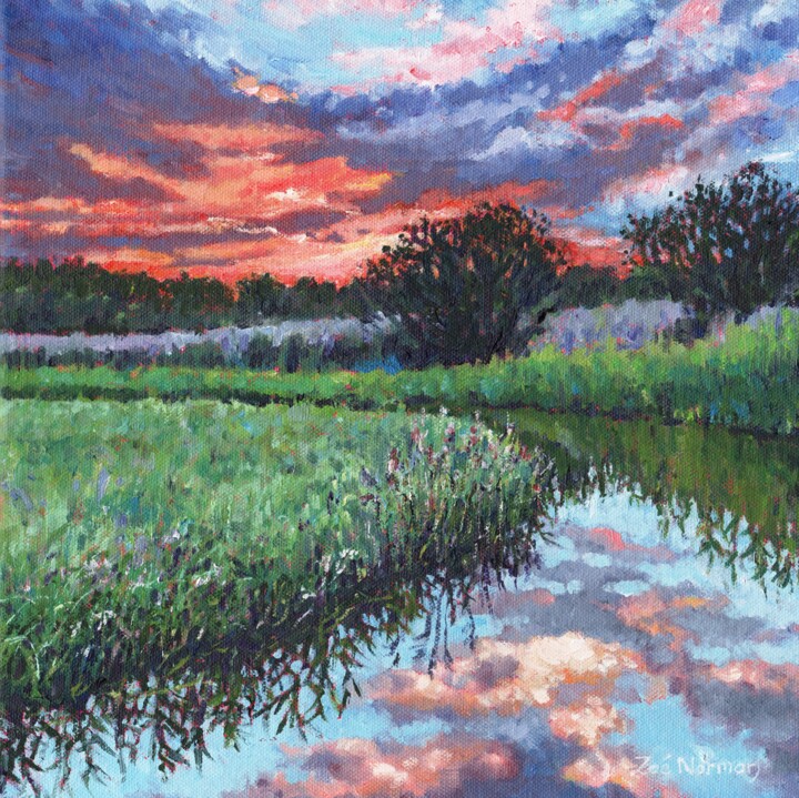 Painting titled "Reflected Sunset" by Zoe Norman, Original Artwork, Oil Mounted on Wood Stretcher frame