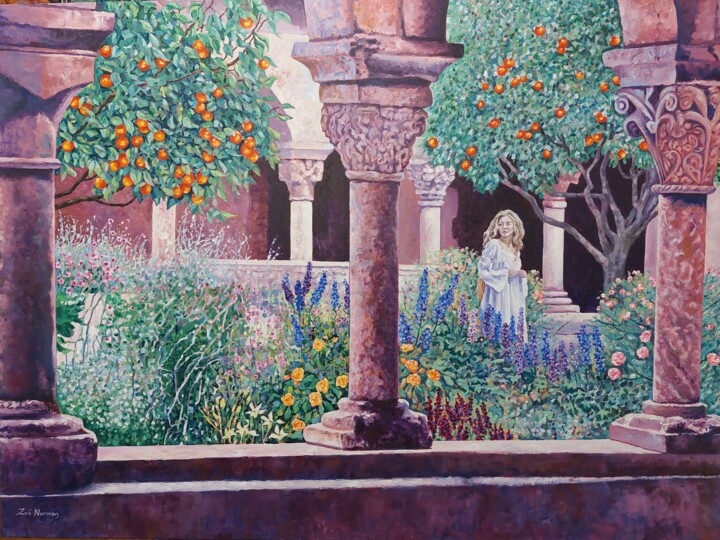 Painting titled "Paradise Garden" by Zoe Norman, Original Artwork, Oil Mounted on Wood Stretcher frame