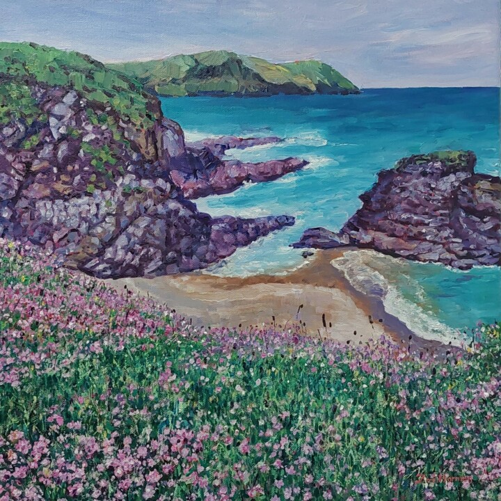Painting titled "Flowers by the Sea" by Zoe Norman, Original Artwork, Oil Mounted on Wood Stretcher frame
