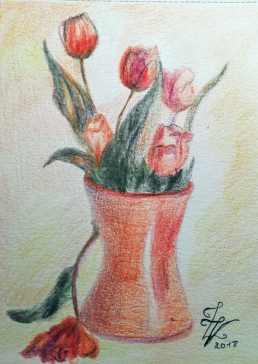 Dessin intitulée "Bouquet de tulipes" par Zoé Valy, Œuvre d'art originale, Crayon