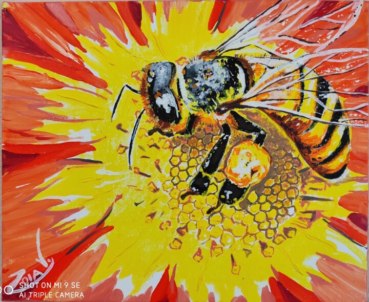 Painting titled "Bee in flower" by Zoia Vla, Original Artwork, Acrylic