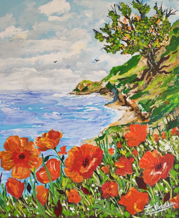 Painting titled "Poppies by the sea" by Artzoia Zoia Vlascitkaia, Original Artwork, Acrylic