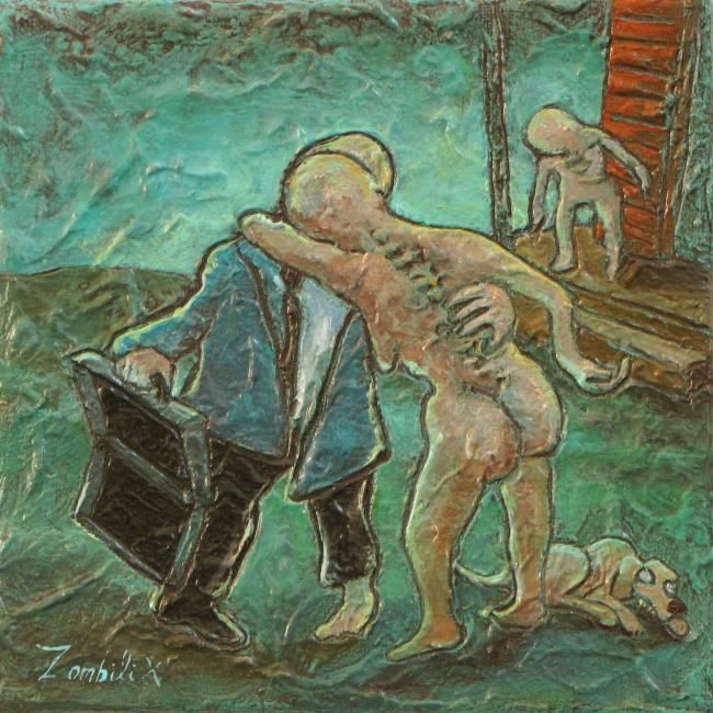 Peinture intitulée "Départ au travail" par Zombilix Centre D'Études Zombiques, Œuvre d'art originale, Huile