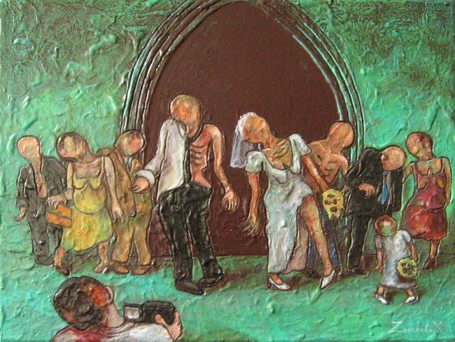 Peinture intitulée "Vive la mariée !" par Zombilix Centre D'Études Zombiques, Œuvre d'art originale, Huile