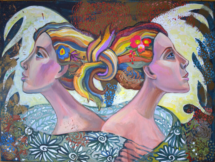 Painting titled "Sisters" by Zora, Original Artwork, Acrylic Mounted on Wood Stretcher frame