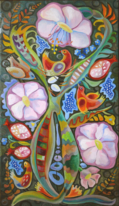 Картина под названием "Tree of life on the…" - Zora, Подлинное произведение искусства, Масло Установлен на Деревянная рама д…