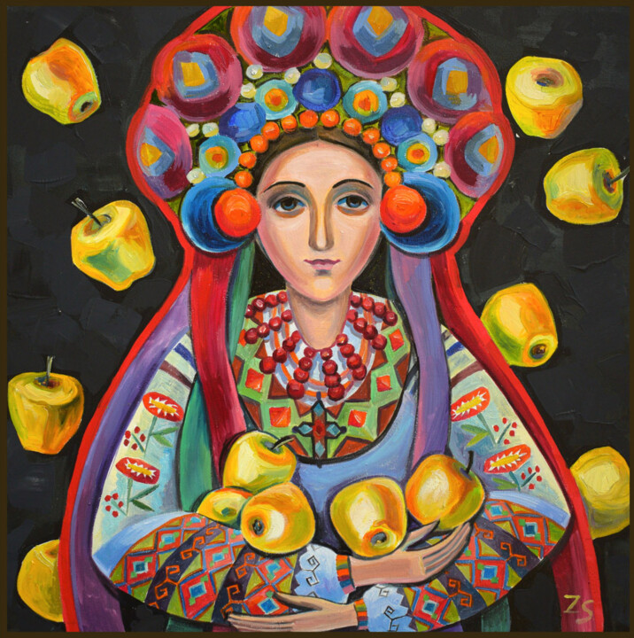 Painting titled "Apple season" by Zora, Original Artwork, Oil Mounted on Wood Stretcher frame