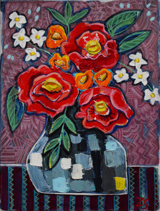 Painting titled "Still life with flo…" by Zora, Original Artwork, Acrylic Mounted on Wood Stretcher frame